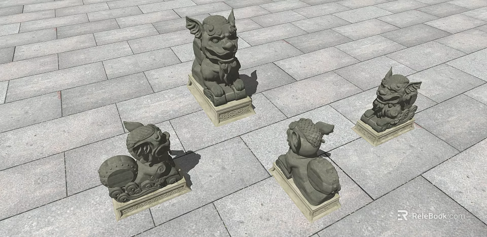 Traditional Stone Lion Landscape Sculptures on Paved Ground with Various Postures 3d model 