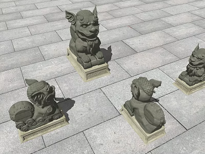 Traditional Stone Lion Landscape Sculptures on Paved Ground with Various Postures 3d model
