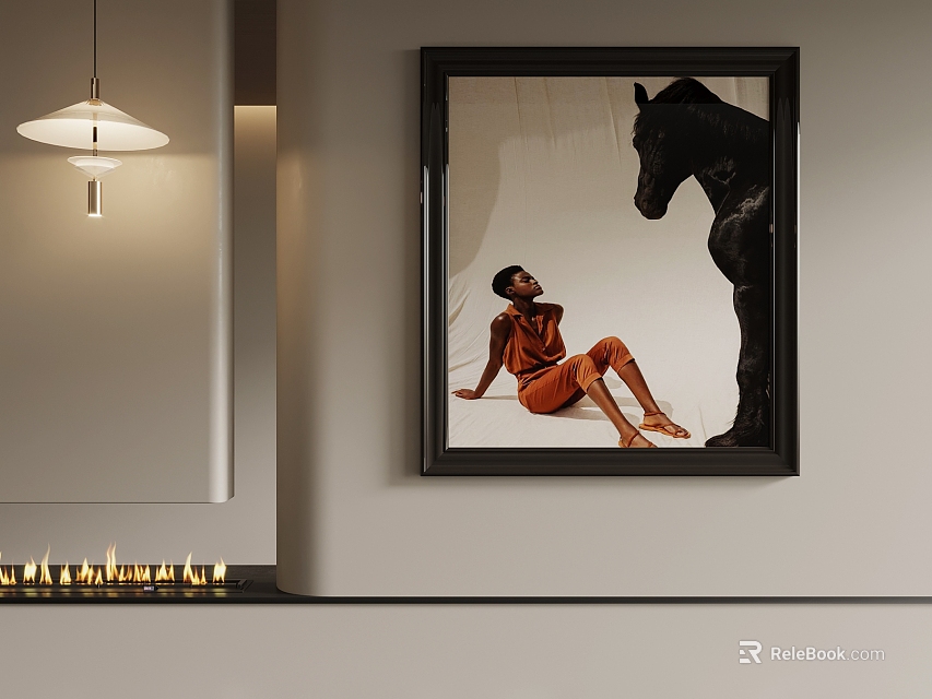 Black Framed Wall Art With Person In Orange Black Horse Sculpture And Pendant Light Candles 3d model 