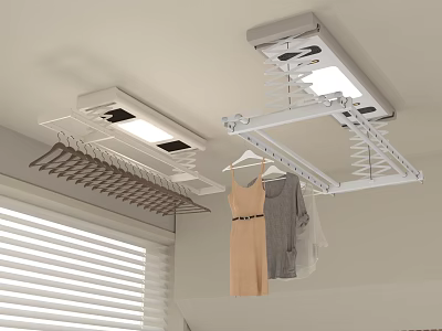 Electric Clothes Drying Racks on Ceiling with Hangers Dress and Gray Top Near Window Blinds 3d model