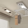 Electric Clothes Drying Racks on Ceiling with Hangers Dress and Gray Top Near Window Blinds