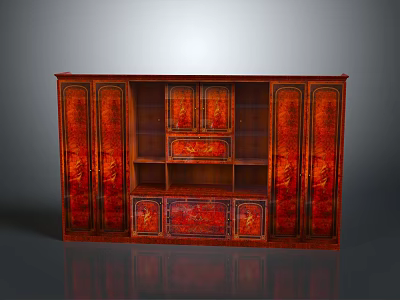 Traditional Red Wooden Bookcase With Golden Decorations Detailed Carved Patterns And Storage Drawers 3d model