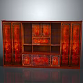 Traditional Red Wooden Bookcase With Golden Decorations Detailed Carved Patterns And Storage Drawers