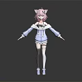 Anime Character With Pink Hair Cat Ears Wearing Blue White Hoodie Skirt Knee High Socks