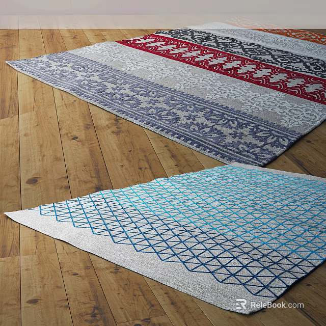 Stylish Square Rugs With Geometric Patterns And Colorful Designs On Wooden Floor 3d model 