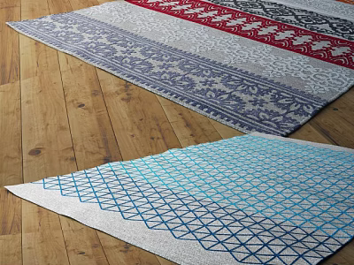Stylish Square Rugs With Geometric Patterns And Colorful Designs On Wooden Floor 3d model