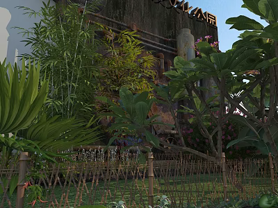 Lush Garden Landscape with Bamboo Large Leaf Plants Rusty Pipes and Bamboo Fence in Park 3d model