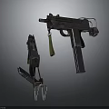 3D Rendered Firearms Equipment Including Submachine Gun And Magazine On Dark Background