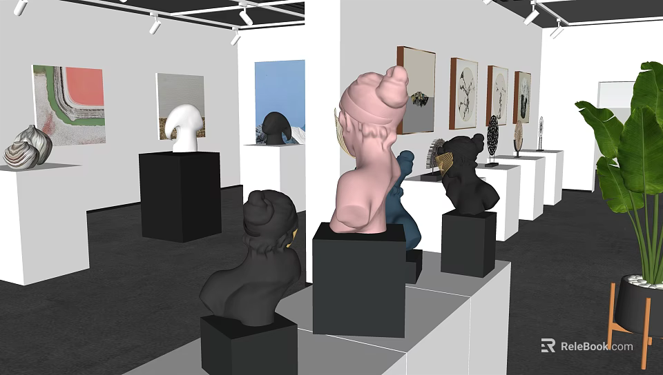 Modern Art Exhibition Hall With Sculptures Paintings And Display Stands 3d model 