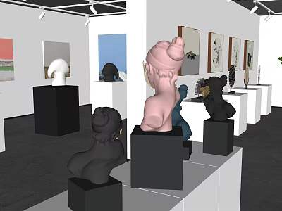 Modern Art Exhibition Hall With Sculptures Paintings And Display Stands 3d model