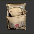 Multiple Hessian Sandbags With Branded Logos Stacked On Industrial Wooden Pallet