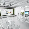 Modern Indoor Conference Space With White Transparent Chairs Green Backdrop And Front Projection Screen