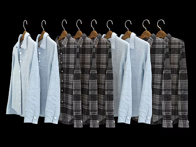 Light Blue And Plaid Pattern Shirts Hanging On Wooden Hangers In A Row 3d model