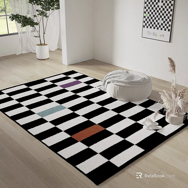 Square Rug Black And White Checkered Pattern With Colorful Squares In Modern Living Room 3d model 