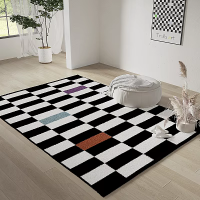 Square Rug Black And White Checkered Pattern With Colorful Squares In Modern Living Room 3d model