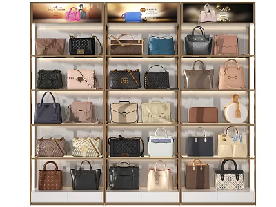 Retail Display Shelves With Multiple Stylish Handbags In Different Colors And Designs 3d model