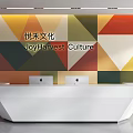 Colorful Geometric Pattern Background Wall For JoyHarvest Culture With White Reception Desk