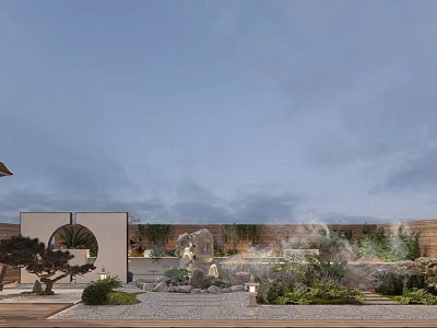Traditional Chinese Garden Landscape With Circular Archway Stone Features Lush Green Plants And Mist 3d model