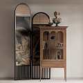 Traditional Wooden Decorative Cabinet with Open Shelves and Decorative Screen Displaying Statue and Vases