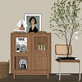 Minimalist Wooden Dining Sideboard With Glass Doors Lamp Magazine And Potted Plant Chair Woven Basket