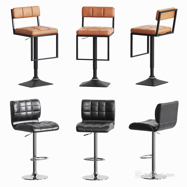 Modern Leather Bar Stools In Brown And Black With Adjustable Height And Metal Frame 3d model 