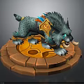 Mythical Blue Spotted Creature with Ornamental Gear Standing on Orange Circular Stone Platform