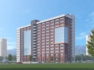 Multi Storey Industrial Factory Building With Red Brick Facade Glass Curtain Wall And Landscaped Surroundings 3d model