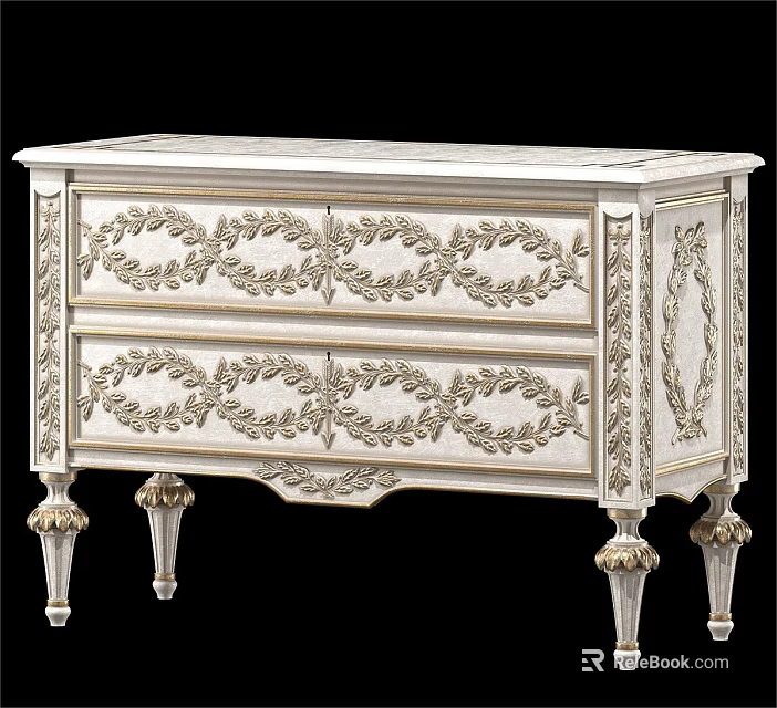 Elegant Classic Silver White Sideboard With Carved Floral Patterns And Decorative Legs 3d model 