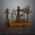 Ornate Vintage Steampunk Mechanical Devices With Wooden Base And Brass Components