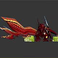 Red Dragon Game Movie Character with Colorful Wings and Tail on Green Platform with Plants