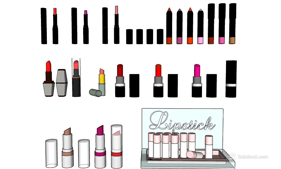 Assorted Lipstick Collection With Various Colors Different Shades And Cosmetic Display Stand 3d model 