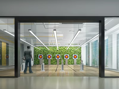 Indoor Archery Fitness Training with Targets in Glass Enclosed Practice Space 3d model