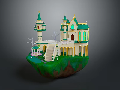 Scenic Floating Island Landscape With Green Roof Castle Tower Staircase And Grassland 3d model