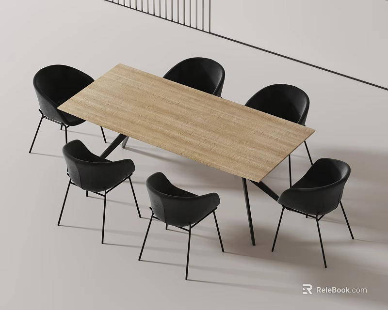 Modern Rectangular Wooden Dining Table Set With Six Black Minimalist Chairs 3d model