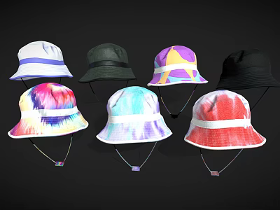Colorful Bucket Hats With Tie Dye Striped Gradient And Solid Color Designs 3d model