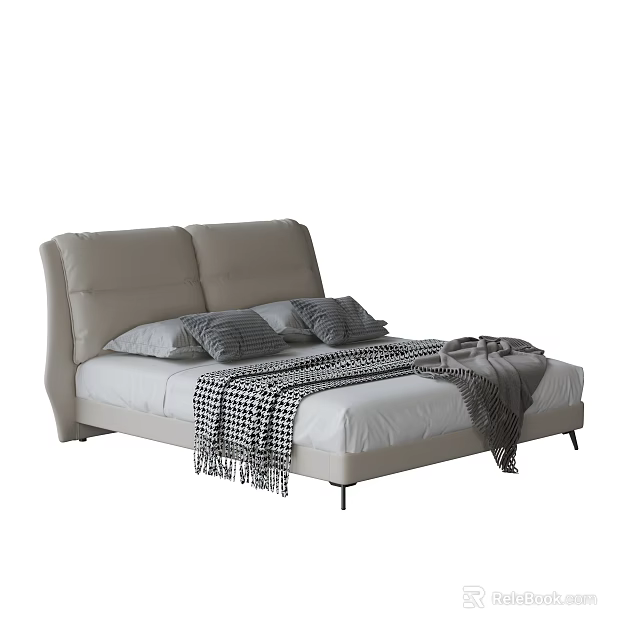 Stylish Double Bed With Leather Headboard Light Gray Checkered Blanket And Pillows 3d model