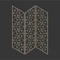 Modern Three Panel Folding Screen With Copper Frame Geometric Pattern Glass Panels And Gold Accents 3d model