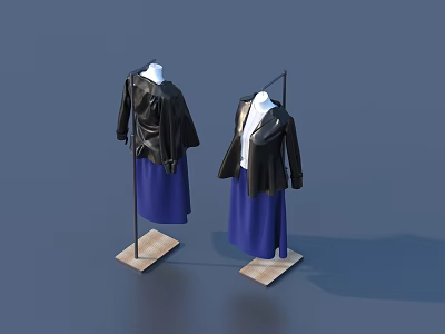 Mannequins Displaying Black Leather Jackets And Blue Skirts On Gray Background Stands 3d model