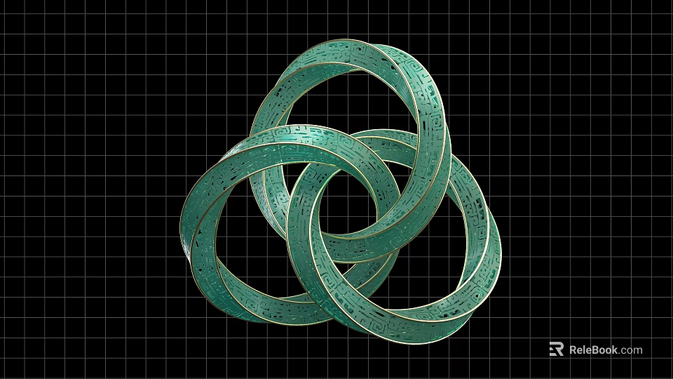 Three Intertwined Green Circular Rings on Black Grid Background 3d model 