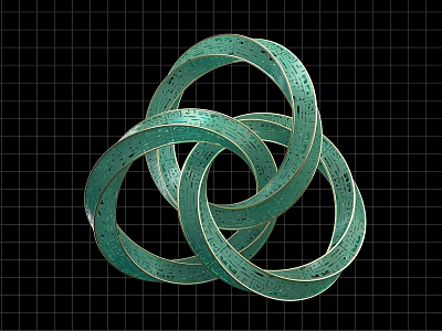 Three Intertwined Green Circular Rings on Black Grid Background 3d model