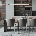 Modern Restaurant Interior With Open Design Marble Island Grey Cabinets Dining Table And Hanging Lights