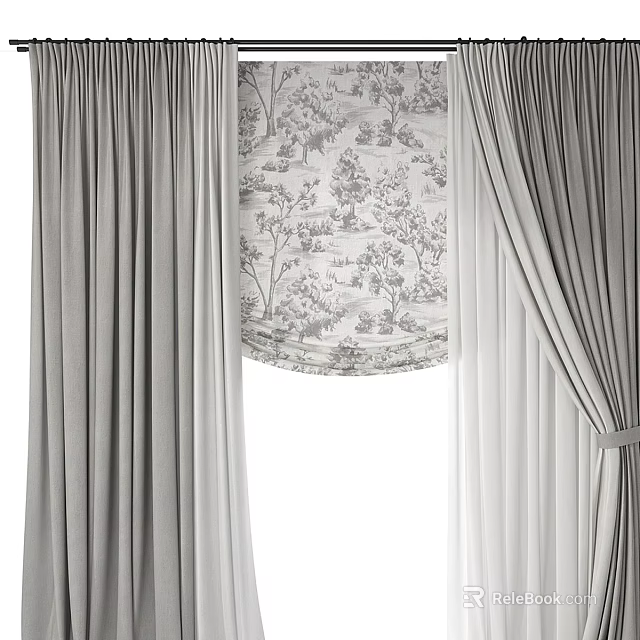 Gray Curtains with Patterned Roman Shade Tree Landscape Design and Sheer Lining 3d model 