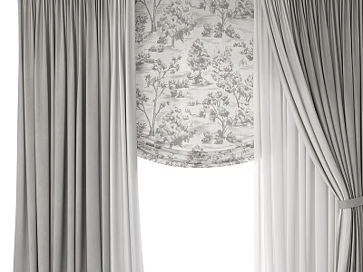 Gray Curtains with Patterned Roman Shade Tree Landscape Design and Sheer Lining 3d model