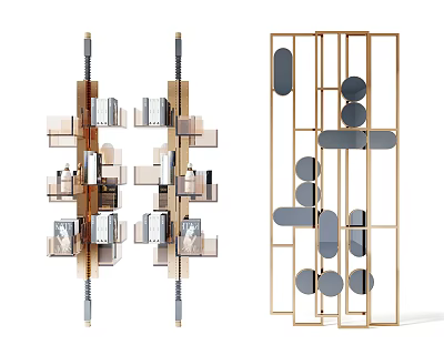 Modern Geometric Bookcase Design With Metal Frame Glass Shelves And Abstract Panels 3d model