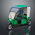 Green Three Wheeled Tricycle With Open Door And Person Standing