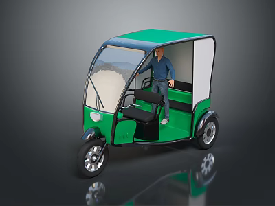 Green Three Wheeled Tricycle With Open Door And Person Standing 3d model