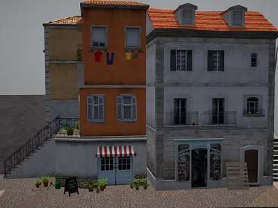 Cartoon Scene Of Colorful Buildings With Red Roofs Shop Front Balcony Laundry And Potted Plants 3d model