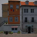 Cartoon Scene Of Colorful Buildings With Red Roofs Shop Front Balcony Laundry And Potted Plants