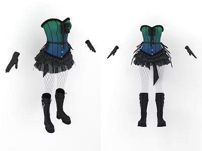 Women's Green And Blue Corset Skirt Outfit With Fishnet Stockings Black Boots And Gloves 3d model