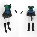 Women's Green And Blue Corset Skirt Outfit With Fishnet Stockings Black Boots And Gloves